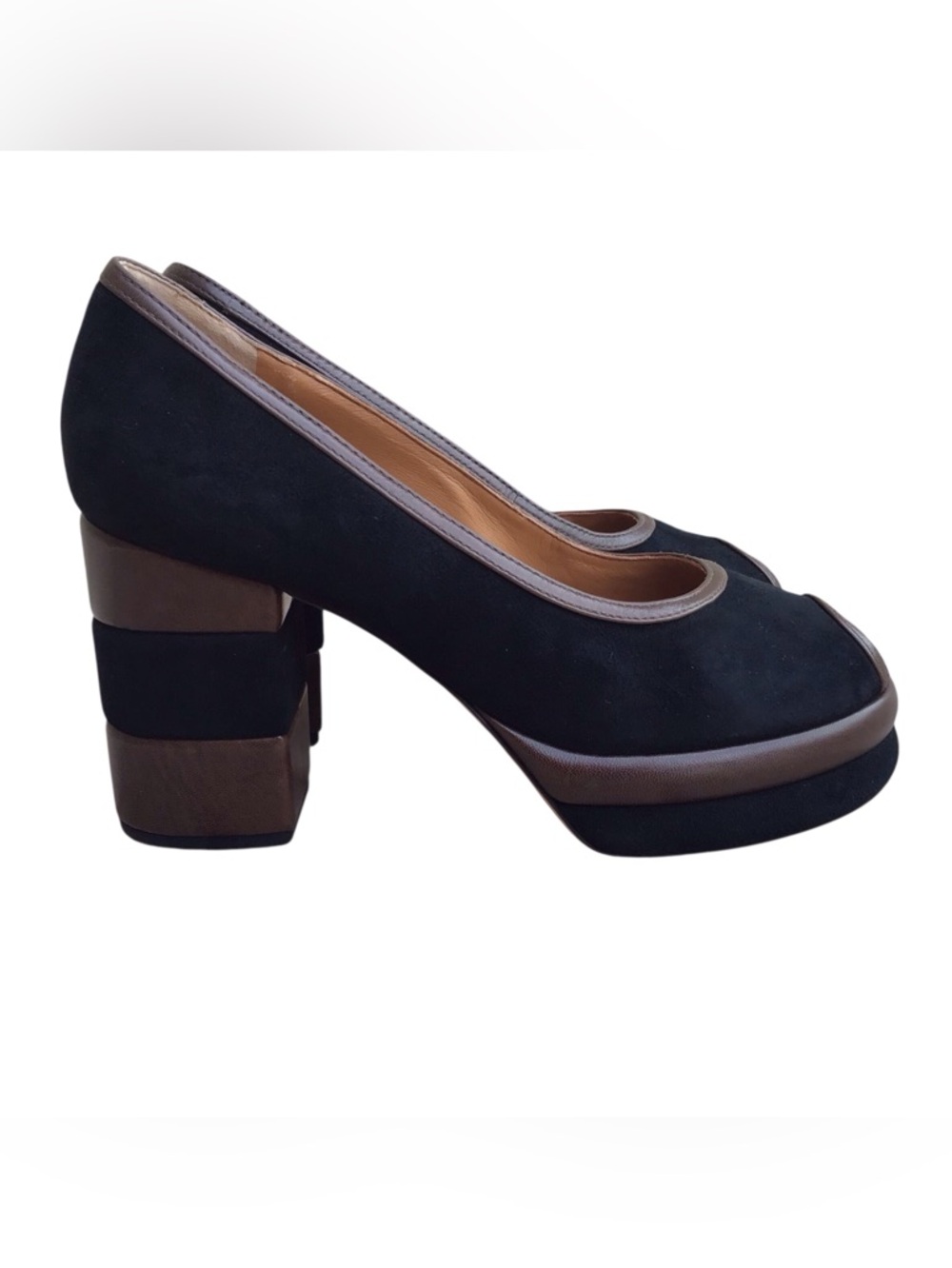 TORY BURCH 70’s Peep Toe Leather & Suede Platform Heels